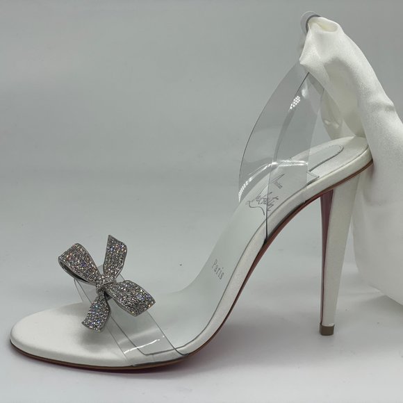 Christian Louboutin ASTRINODO Crystal Bow Silk Tie PVC Heels Sandals Shoes - Picture 6 of 16